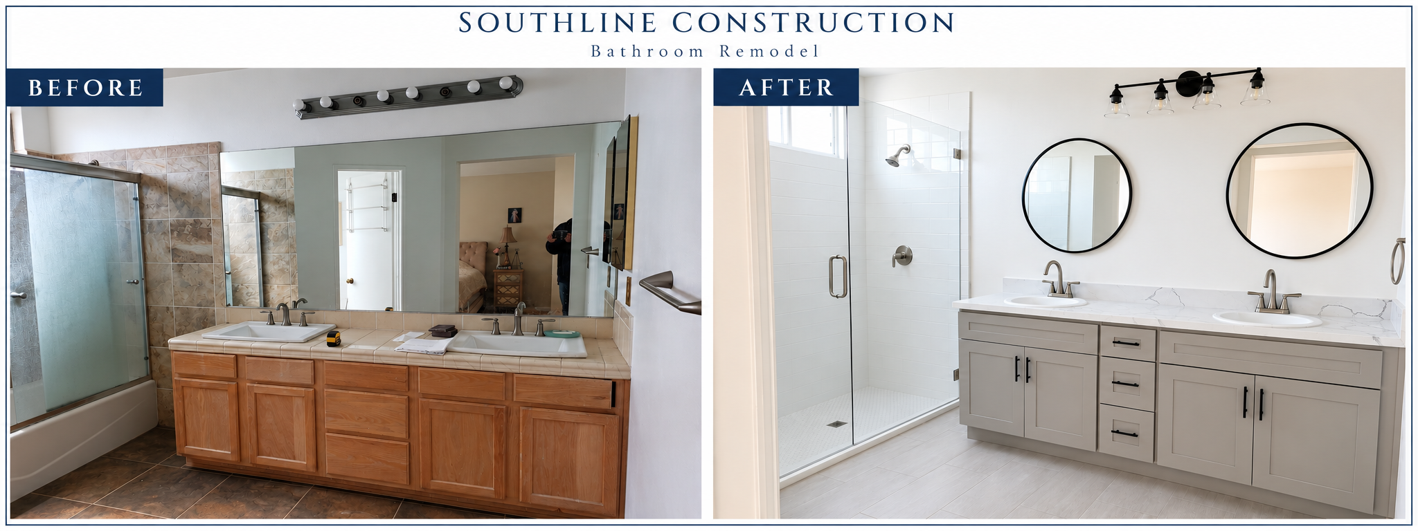 Before and after bathroom remodel showing wood vanity replaced with double vanity and glass shower