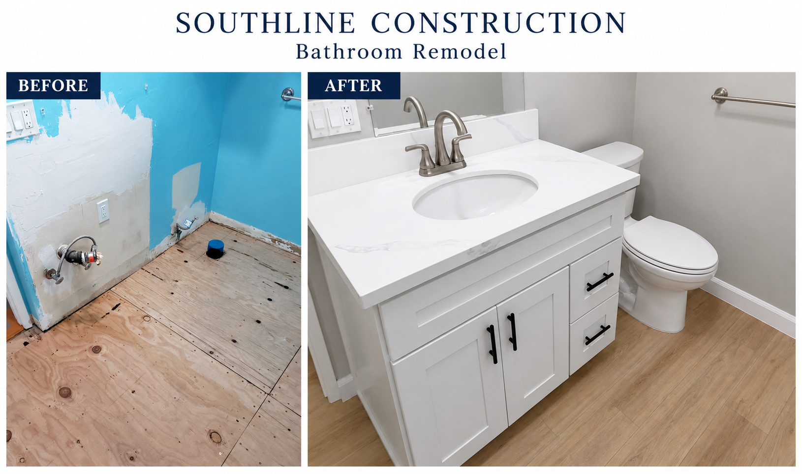 Before and after bathroom remodel showing unfinished floor and completed white vanity