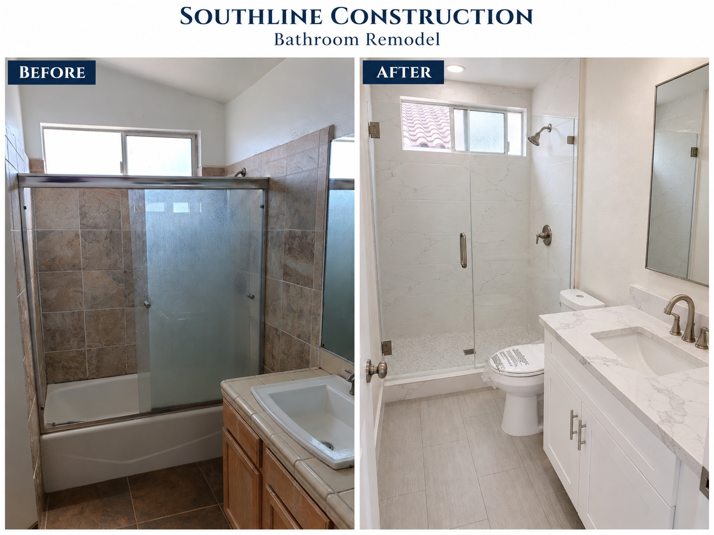 Before and after bathroom remodel showing older shower and completed glass-enclosed shower