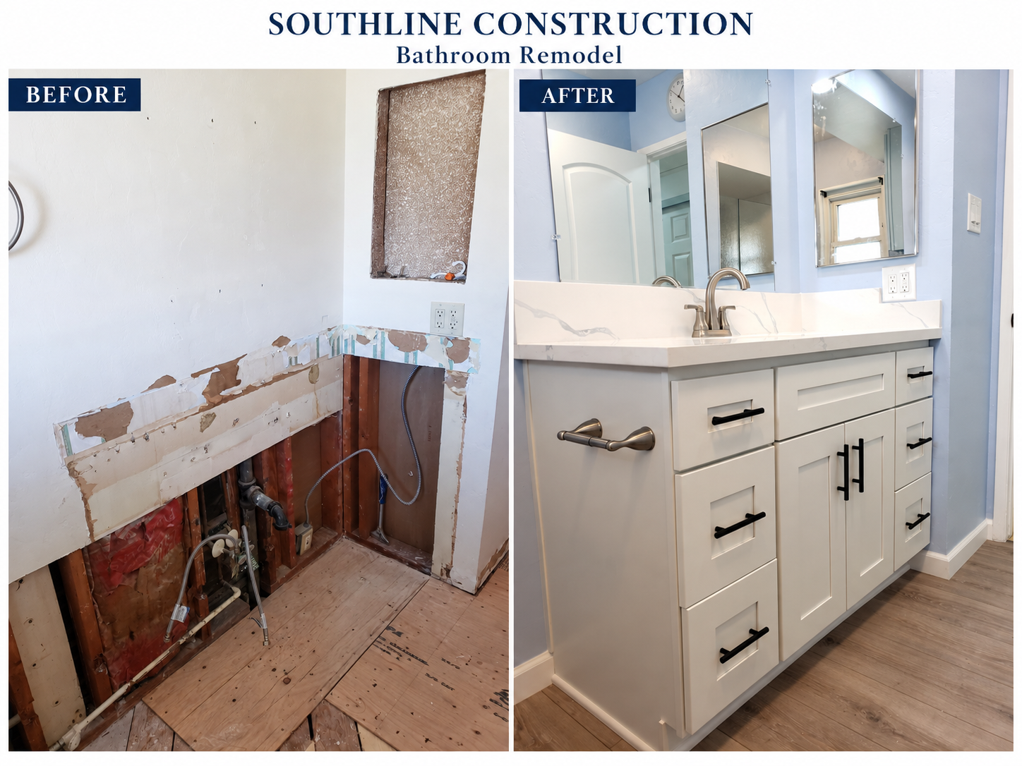 Before and after bathroom remodel showing exposed plumbing and completed gray vanity