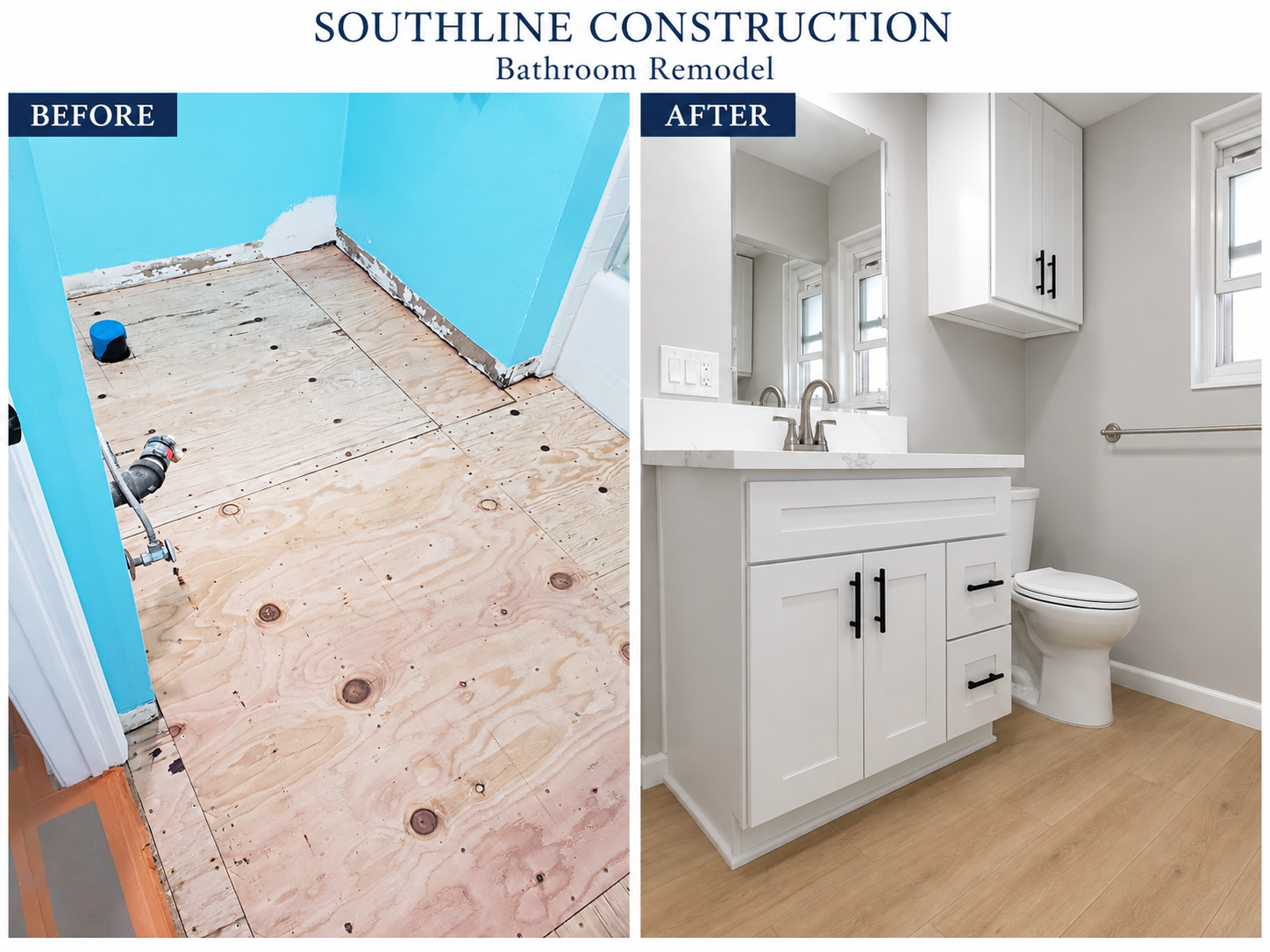 Before and after bathroom remodel showing unfinished floor and completed vanity and toilet