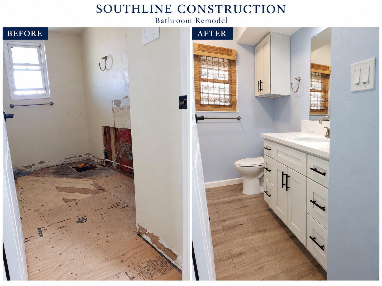 Before and after bathroom remodel showing unfinished room and completed vanity, toilet and wall cabinet