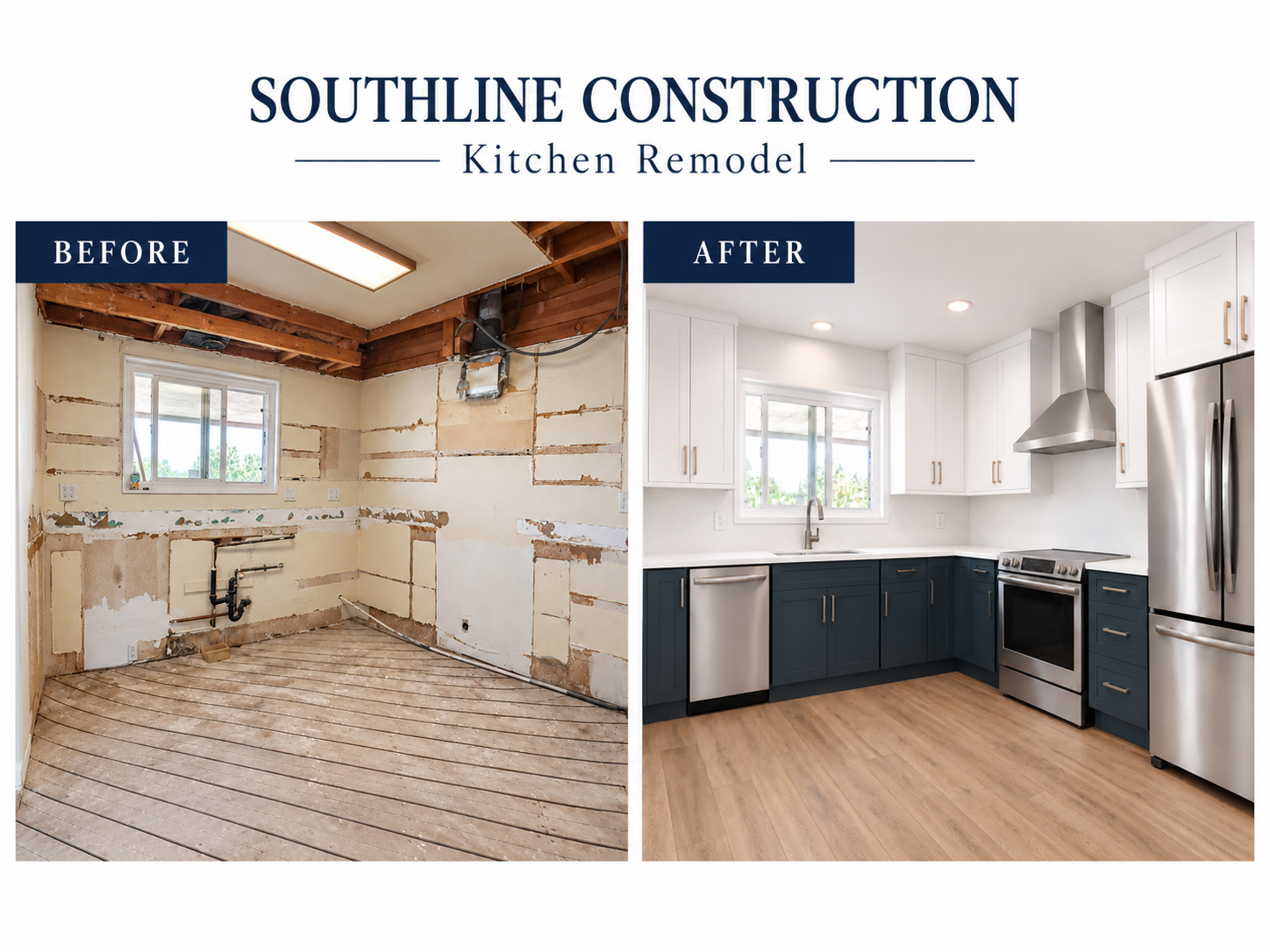 Before and after kitchen remodel showing unfinished space and completed kitchen