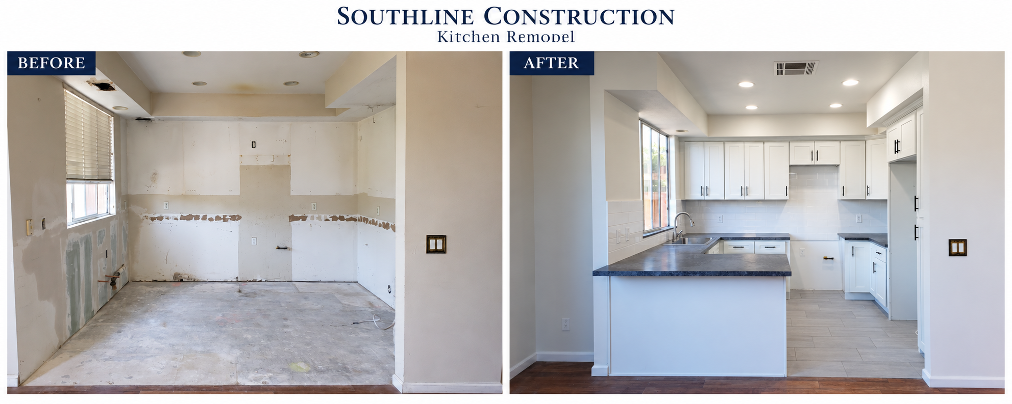 Before and after kitchen remodel showing unfinished room and completed white kitchen
