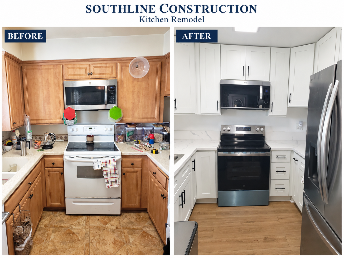Before and after kitchen remodel showing wood cabinets replaced with white cabinets