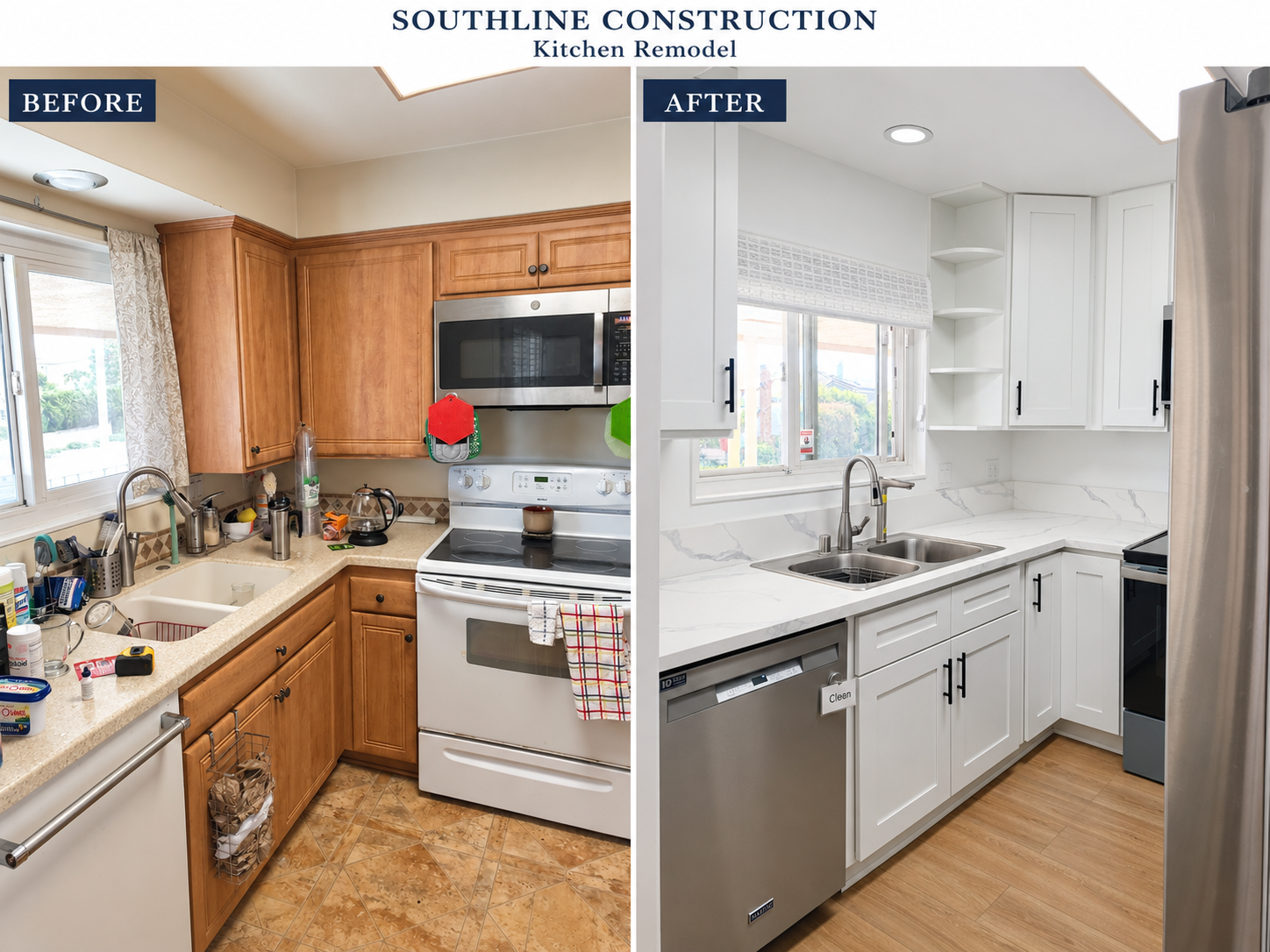 Before and after kitchen remodel showing updated cabinets, countertops, sink and flooring